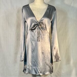 Zara Dress Silver Metallic Satin Plunge Tie Front Mini Long Sleeves M👍
